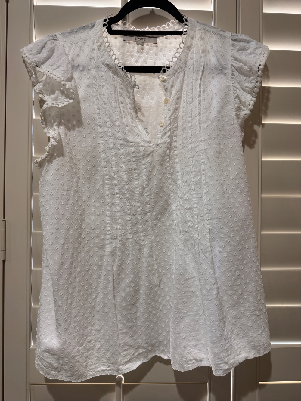 LOFT White Eyelet Pintuck Ruffle Sleeve Blouse